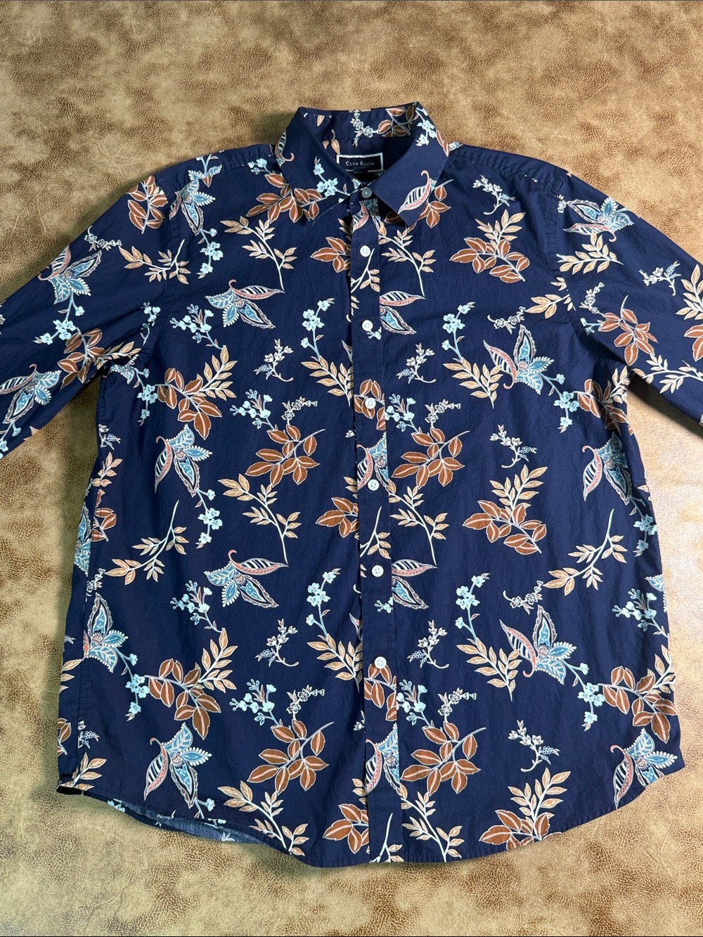 Club Room Men’s Large Navy Floral Botanical Button Down Shirt 100% Cotton